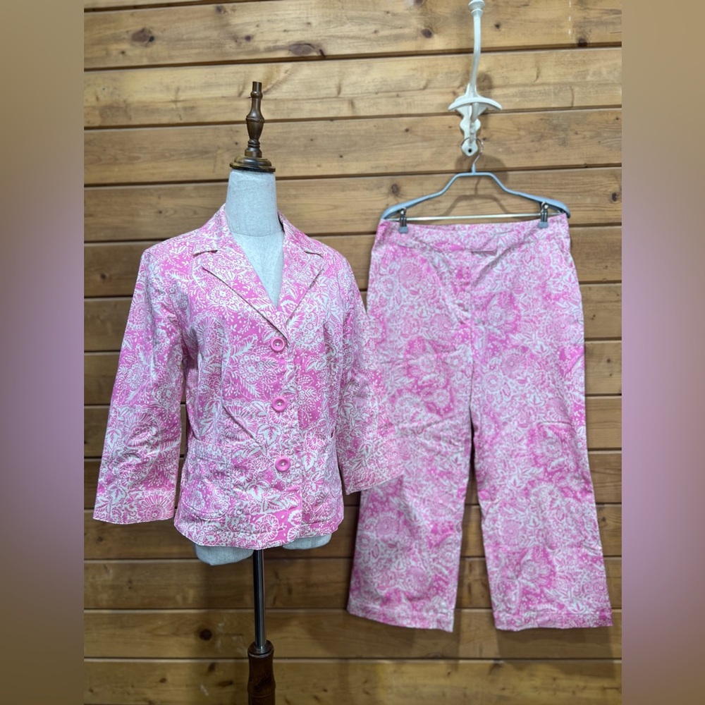 Sigrid Olsen Pink & White Floral Cropped Pant Suit Set, Size 10 — Blazer + Pants